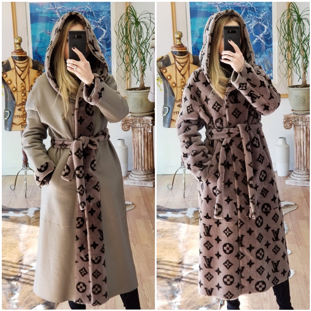 $2695 Reversible Hooded Real Shearling Coat with LV Logo Print